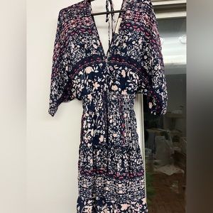 Lovestitch Smocked Waist Dress Kimono Sleeve V Neck Lined Boho